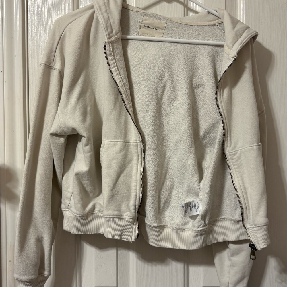 American Eagle Outfitters Cream Zip-Up Hoodie